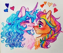 Size: 2048x1738 | Tagged: safe, artist:fruitofwinter, derpibooru import, izzy moonbow, sunny starscout, earth pony, pony, unicorn, g5, blushing, duo, duo female, eyes closed, female, heart, horn, image, jpeg, lesbian, licking, looking at someone, mane stripe sunny, mare, nose licking, ship:moonscout, shipping, tongue out, traditional art