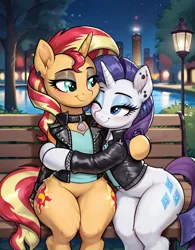 Size: 800x1024 | Tagged: safe, ai content, derpibooru import, machine learning generated, prompter:thelight3d, stable diffusion, rarity, sunset shimmer, g4, bench, city, clothes, collar, ear fluff, ear piercing, generator:pony diffusion v6 xl, hug, image, jacket, piercing, png, street lamp