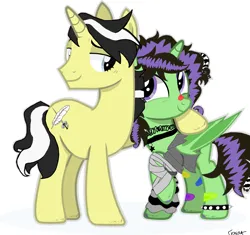 Size: 3333x3136 | Tagged: safe, artist:lunarglaze, derpibooru import, oc, oc:dolores, oc:hardy stray, unofficial characters only, alicorn, pegasus, pony, unicorn, bandage, bandaged leg, bat wings, bracelet, clothes, decoration, duo, duo male and female, emo hair strand, feet, female, hoof polish, horn, hug, image, jewelry, male, neck jewelry, patch, png, stocking feet, wings