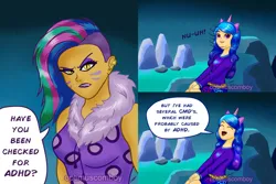 Size: 1024x683 | Tagged: safe, artist:optimusconvoy, derpibooru import, izzy moonbow, human, g5, my little pony: tell your tale, allura, cave, comic, deadpool and wolverine, duo, duo female, fake ears, fake horn, female, humanized, image, jpeg, nuh uh, ooh a new friend, reference, slit pupils, speech bubble