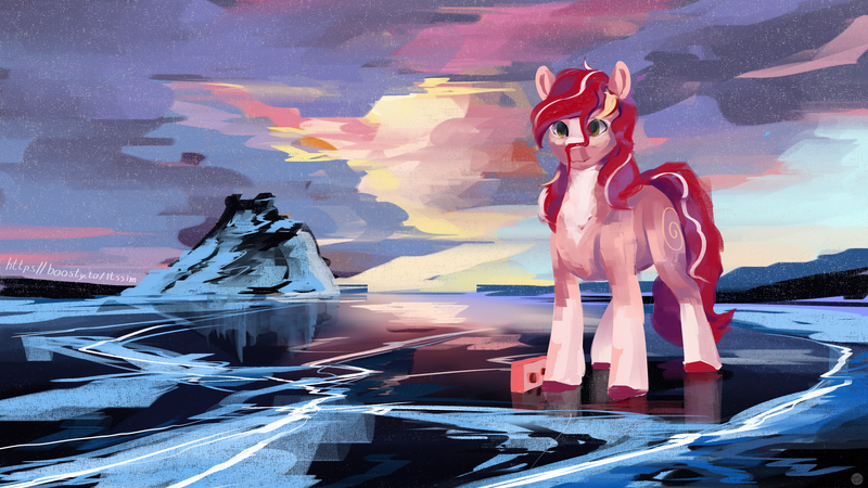 Size: 2560x1440 | Tagged: safe, artist:krapinkaius, derpibooru import, oc, unofficial characters only, earth pony, pony, brick, cloud, cloudy, earth pony oc, female, female oc, ice, iceberg, image, looking at you, mare, mare oc, outdoors, png, sky, solo, standing, sunset, unshorn fetlocks