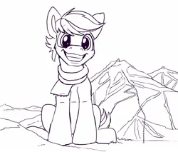 Size: 1498x1274 | Tagged: safe, artist:tsitra360, derpibooru import, double diamond, earth pony, pony, g4, clothes, giant pony, grin, image, jpeg, looking at you, macro, male, monochrome, mountain, scarf, sitting, sketch, smiling, solo, stallion