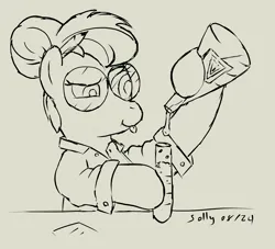 Size: 4233x3836 | Tagged: safe, artist:sollace, derpibooru import, oc, oc:ice quake, unofficial characters only, earth pony, pony, beaker, clothes, glasses, image, lab coat, monochrome, pencil, pencil behind ear, png, science, simple background, solo, test tube, this will end in disaster