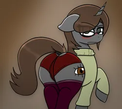 Size: 2432x2160 | Tagged: suggestive, artist:anonymous, derpibooru import, oc, oc:sonata, pony, unicorn, g4, /bale/, abstract background, blushing, brown mane, brown tail, butt, clothes, colored, elements of justice, eye clipping through hair, eyebrows, eyebrows visible through hair, female, female oc, floppy ears, frown, gray coat, green sweater, horn, image, looking at you, looking back, looking back at you, mare oc, no pupils, panties, plot, png, raised eyebrow, raised hoof, red panties, socks, solo, solo female, sweater, tail, tail hole, the ass was fat, thigh highs, turnabout storm, underwear, unicorn oc