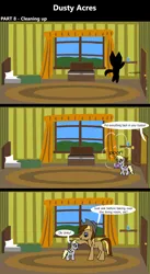 Size: 1920x3516 | Tagged: safe, artist:platinumdrop, derpibooru import, derpy hooves, oc, oc:dusty hooves, pony, comic:dusty acres, series:technoverse, 3 panel comic, comic, commission, dialogue, female, filly, foal, happy, head pat, image, mouth hold, pat, png, smiling, speech bubble, teleportation, toy, younger