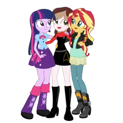 Size: 3000x3000 | Tagged: safe, artist:nie-martw-sie-o-mnie, derpibooru import, sunset shimmer, twilight sparkle, twilight sparkle (alicorn), oc, oc:captain becky ray shoichet, alicorn, human, equestria girls, g4, boots, clothes, commission, commissioner:jrshinkansenhorse, crossover, cute, friendship games outfit, hug, hug from behind, image, leg warmers, my little pony equestria girls: better together, png, shoes, simple background, star trek, star trek: sunset shimmer, starfleet, starfleet uniform, time travel, transparent background