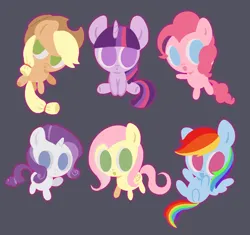 Size: 3162x2966 | Tagged: safe, artist:nimingxiwang168, derpibooru import, applejack, fluttershy, pinkie pie, rainbow dash, rarity, twilight sparkle, earth pony, pegasus, pony, unicorn, chibi, cute, dashabetes, diapinkes, gray background, horn, image, jackabetes, lineless, mane six, png, raribetes, shyabetes, simple background, twiabetes, unicorn twilight