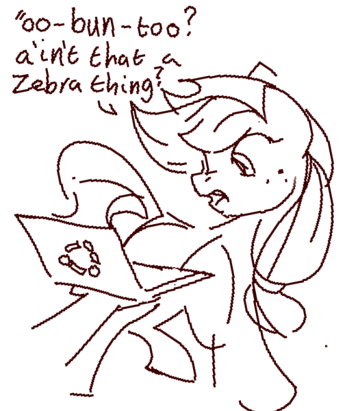 Size: 575x660 | Tagged: safe, artist:anonymous, derpibooru import, applejack, pony, g4, /bale/, applejack's hat, comic, computer, cowboy hat, doodle, female, hat, image, implied zebra, laptop computer, lineart, logo, looking at something, mare, monochrome, one-panel comic, open mouth, png, simple background, solo, ubuntu, white background