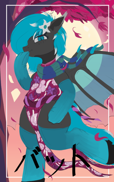 Size: 500x800 | Tagged: safe, artist:higherarch, derpibooru import, oc, oc:lucia, unofficial characters only, bat pony, pony, bat ears, bat wings, bipedal, bipedal leaning, blushing, border, clothes, colored, dress, ear fluff, eyeshadow, flat colors, flower, flower in hair, hoof over mouth, image, japanese, leaf, leaning, leaves, looking at you, looking down, looking down at you, makeup, moon, moon runes, png, poster, running, scarf, see-through, shoes, simple background, slit pupils, socks, solo, spread wings, stockings, striped scarf, stylized, text, thigh highs, tree, wind, wings