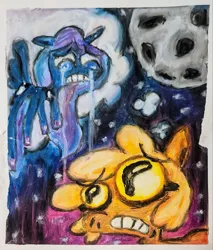 Size: 1741x2048 | Tagged: safe, artist:vomitdistrict, derpibooru import, princess luna, oc, oc:forty winks, alicorn, earth pony, pony, crying, image, jpeg, moon, pastels (medium), traditional art