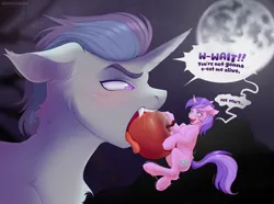 Size: 3333x2474 | Tagged: suggestive, artist:kanaeshka, derpibooru import, amethyst star, oc, oc:verlo streams, bat pony, pony, unicorn, angry, apple, biting, chest fluff, colt, commission, dialogue box, duo, ear fluff, eating, fangs, fear, female, finished commission, floppy ears, foal, food, forest, horn, image, juice, looking at each other, looking at someone, macro/micro, male, mare, micro, moon, nature, night, png, scarred, short mane, simple background, speech bubble, tongue out, tree, wings, ych result