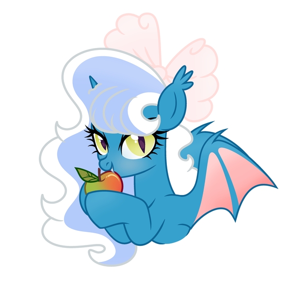 Size: 6890x6890 | Tagged: safe, artist:riofluttershy, derpibooru import, oc, oc:fleurbelle, unofficial characters only, alicorn, bat pony, hybrid, pony, apple, bow, eating, fangs, female, food, hair bow, image, jpeg, mare, pink bow, simple background, solo, two toned hair, two toned mane, white background, yellow eyes