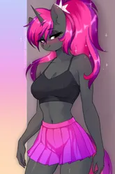 Size: 2640x4000 | Tagged: suggestive, artist:xjenn9, derpibooru import, oc, unofficial characters only, anthro, unicorn, bedroom eyes, belly, belly button, blushing, bra, breasts, cleavage, clothes, commission, crop top bra, eye clipping through hair, eyebrows, eyebrows visible through hair, female, horn, image, looking at you, midriff, png, signature, skirt, smiling, smiling at you, solo, solo female, underwear, ych result