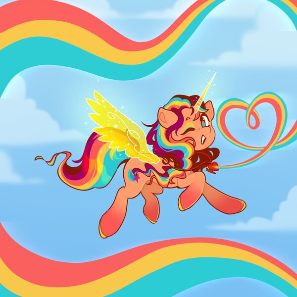 Size: 1280x1280 | Tagged: safe, artist:afrayedfox, derpibooru import, sunny starscout, alicorn, pony, g5, blush scribble, blushing, female, flying, image, jewelry, jpeg, mane stripe sunny, mare, necklace, no pupils, one eye closed, rainbow of light, sky, solo, wink