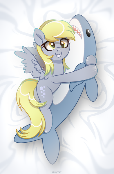 Size: 1830x2795 | Tagged: safe, artist:scarffist, derpibooru import, derpy hooves, pegasus, pony, shark, base artist:dianamur, base used, blonde, blonde hair, blonde mane, blonde tail, body pillow, cute, gritted teeth, happy, hug, image, long hair, long mane, long tail, lying, lying down, pillow, pillow hug, png, smiling, solo, tail, teeth, toy, wings, yellow eyes