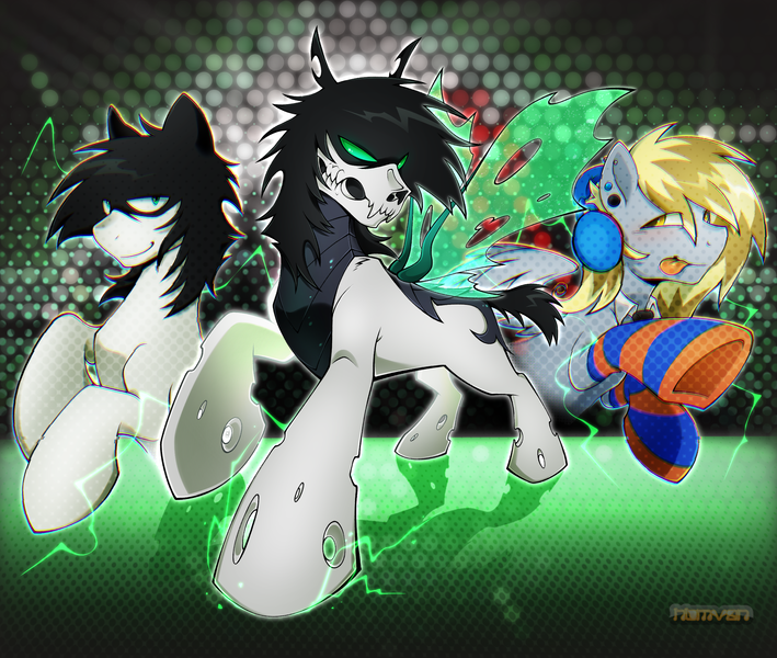 Size: 2348x1987 | Tagged: safe, artist:hbmv4n, derpibooru import, oc, oc:shade, unofficial characters only, changeling, pegasus, pony, g4, black mane, black tie, changeling oc, chitin, clothes, collared shirt, complex background, dark aero, derp, digital art, digital painting, disguise, disguised changeling, ear piercing, ear plugs, gauges, gray coat, halftone, headphones, image, leg warmers, multiple variants, pegasus oc, piercing, png, screentone, shirt, socks, striped socks, tail, white coat, wings, yellow mane, yellow tail