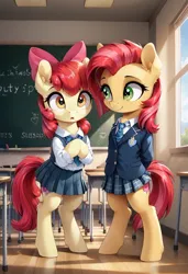 Size: 800x1169 | Tagged: safe, ai content, derpibooru import, machine learning generated, prompter:gregorymars, stable diffusion, apple bloom, babs seed, earth pony, pony, semi-anthro, g4, bipedal, chalkboard, classroom, clothes, desk, duo, duo female, female, filly, foal, generator:pony diffusion v6 xl, image, indoors, jpeg, mare, school, school desk, school uniform, skirt, standing, table, window