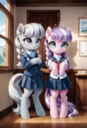 Size: 800x1169 | Tagged: safe, ai content, derpibooru import, machine learning generated, prompter:gregorymars, stable diffusion, diamond tiara, silver spoon, earth pony, pony, semi-anthro, g4, bipedal, classroom, clothes, duo, duo female, female, filly, foal, generator:pony diffusion v6 xl, image, indoors, jpeg, mare, school, school uniform, skirt, standing, window