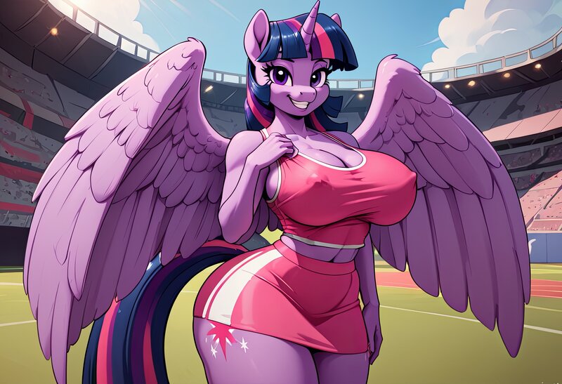 Size: 3648x2496 | Tagged: suggestive, ai content, derpibooru import, machine learning generated, twilight sparkle, twilight sparkle (alicorn), alicorn, anthro, big breasts, breasts, busty twilight sparkle, cheerleader, cheerleader outfit, clothes, curvy, erect nipples, female, grin, hourglass figure, image, jpeg, looking at you, nipple outline, outdoors, partially open wings, prompter:lotsofcaps, skirt, smiling, solo, solo female, stadium, wings