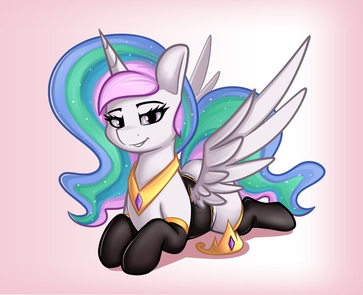 Size: 2048x1662 | Tagged: safe, artist:andelai, ponerpics import, princess celestia, pony, chubby, clothes, female, image, jpeg, looking at you, lying down, mare, socks