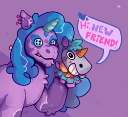 Size: 1656x1518 | Tagged: safe, artist:dragao_tecnologia, derpibooru import, izzy moonbow, pony, unicorn, g5, alternate universe, digital art, fanart, hi new friend, horn, image, plushie, png, puppet, señor butterscotch