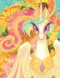 Size: 1583x2048 | Tagged: safe, artist:janegumball, derpibooru import, princess celestia, alicorn, pony, g4, ethereal mane, female, flower, front view, horn, image, jewelry, jpeg, looking at you, mare, partially open wings, regalia, solo, style emulation, sunflower, vincent van gogh, wings