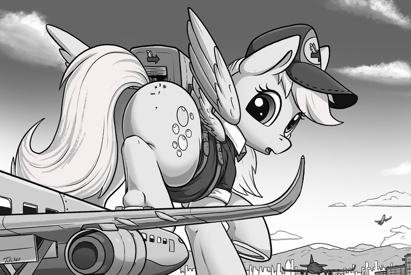 Size: 2000x1340 | Tagged: safe, artist:tsitra360, derpibooru import, derpy hooves, pegasus, pony, g4, airport, background pony, black and white, butt, cap, city, clothes, delivery pony, female, giant pony, giantess, grayscale, hat, image, jpeg, looking back, macro, mare, monochrome, open mouth, plane, plot, solo, uniform