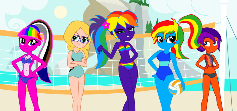 Size: 3698x1743 | Tagged: safe, artist:star-armour95, derpibooru import, oc, oc:allie, oc:jade harmony, oc:rainbow flower, oc:rainbow sparkle, oc:royal strength, human, equestria girls, g4, female, image, png, sports, volleyball, volleyball net