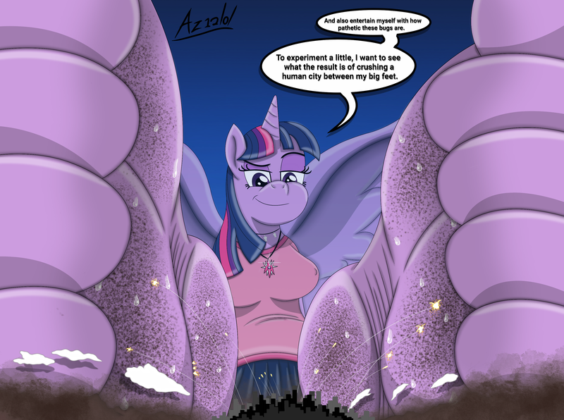 Size: 2989x2227 | Tagged: safe, artist:az12lol, derpibooru import, twilight sparkle, twilight sparkle (alicorn), alicorn, anthro, human, plantigrade anthro, g4, az12lol, barefoot, barefooting, city, crush fetish, crushed, crushing, dirt, dirty, dirty feet, feet, female, fetish, foot fetish, foot focus, giant alicorn, giant anthro, giantess, humanized, image, macro, macro/micro, mega giant, mega twilight sparkle, png, soles, solo, solo female, toes, underfoot