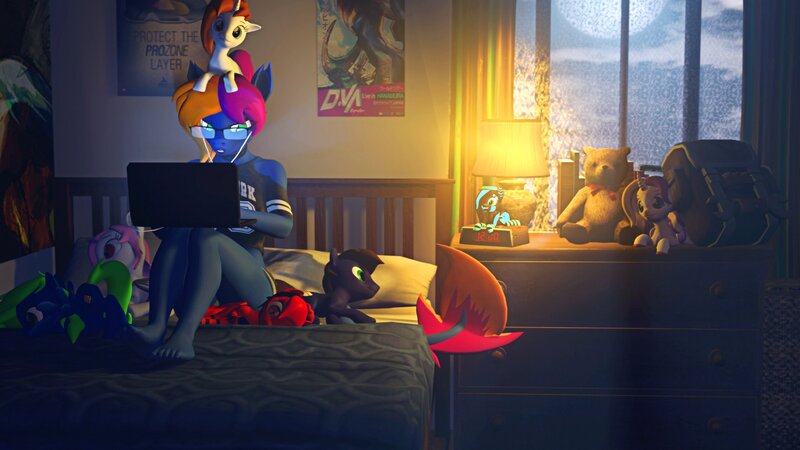 Size: 1920x1080 | Tagged: safe, artist:runic_the_wolf, ponerpics import, oc, oc:glitch, oc:layla horizon, oc:runic, oc:shimmering spectacle, oc:stone, unofficial characters only, anthro, original species, plush pony, pony, 3d, bed, bedroom, breasts, clothes, computer, feet, female, glasses, image, jpeg, laptop computer, magical lesbian spawn, magical threesome spawn, male, mare, offspring, on bed, plushie, stallion