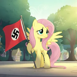 Size: 2048x2048 | Tagged: safe, ai content, banned from derpibooru, deleted from derpibooru, derpibooru import, generator:imagen 3, machine learning generated, fluttershy, pegasus, g4, blushing, image, jpeg, nazi, nazi flag, ponyville, show accurate, solo