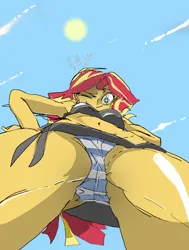 Size: 1366x1803 | Tagged: suggestive, artist:purplebombcat74, derpibooru import, sunset shimmer, human, equestria girls, g4, beach, blue sky, clothes, derpibooru exclusive, emanata, female, image, jpeg, low angle, one eye closed, panties, panty shot, solo, solo female, striped panties, striped underwear, underwear