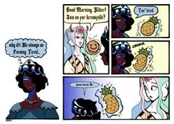 Size: 1963x1402 | Tagged: safe, artist:bixels, derpibooru import, princess celestia, princess luna, deity, human, a royal problem, g4, blackwashing, bust, comic, dark skin, dialogue, duo, duo female, eating, female, food, humanized, image, light skin, multiple faces, pancakes, pineapple, png, royal sisters, scene interpretation, siblings, sisters, the grand galloping 20s, thought bubble