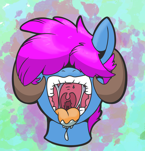 Size: 2408x2506 | Tagged: suggestive, artist:wax feather, derpibooru import, oc, oc:bliss, oc:puffy bliss, unofficial characters only, bust, drool, goat horns, hair over eyes, horns, image, imminent vore, male, mawshot, open mouth, open smile, png, smiling, tongue out