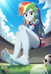 Size: 2496x3648 | Tagged: safe, ai content, derpibooru import, machine learning generated, prompter:trux23, rainbow dash, human, equestria girls, g4, ball, blurry background, feet, female, fetish, foot fetish, grass, grass field, image, jpeg, legs, looking at you, low angle, smiling, smiling at you, soccer field, soles, solo, solo female, solo focus, toes