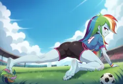 Size: 3648x2496 | Tagged: suggestive, ai content, derpibooru import, machine learning generated, prompter:trux23, rainbow dash, human, equestria girls, g4, ball, blurry background, butt, cameltoe, feet, female, fetish, foot fetish, grass, grass field, image, jpeg, legs, looking at you, looking back, looking back at you, low angle, rainbutt dash, smiling, smiling at you, soccer field, soles, solo, solo female, solo focus, spread legs, spreading, toes