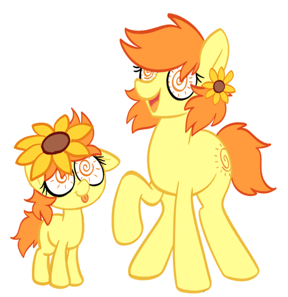 Size: 1620x1671 | Tagged: safe, artist:fillyfool, derpibooru import, oc, oc:thursday, unofficial characters only, earth pony, pony, female, filly, flower, flower in hair, foal, image, mare, png, raised hoof, simple background, sunflower, swirly eyes, transparent background