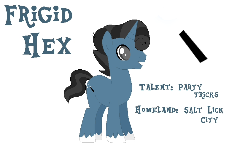 Size: 772x496 | Tagged: safe, artist:moonlightthegriffon, derpibooru import, oc, oc:frigid hex, unofficial characters only, pony, unicorn, base used, bio in description, cataracts, cutie mark, horn, image, magic wand, male, open mouth, open smile, png, salt lick city, simple background, smiling, solo, stallion, text, transparent background, unicorn oc