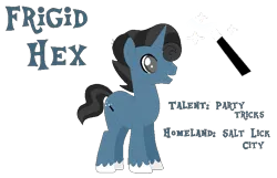 Size: 772x496 | Tagged: safe, artist:moonlightthegriffon, derpibooru import, oc, oc:frigid hex, unofficial characters only, pony, unicorn, base used, bio in description, cataracts, cutie mark, horn, image, magic wand, male, open mouth, open smile, png, salt lick city, simple background, smiling, solo, stallion, text, transparent background, unicorn oc