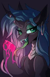 Size: 1300x2000 | Tagged: safe, artist:dodsie, derpibooru import, changeling, ear piercing, fangs, female, image, jpeg, long tongue, piercing, tongue out