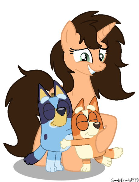 Size: 610x800 | Tagged: safe, artist:muhammad yunus, artist:small-brooke1998, derpibooru import, oc, oc:small brooke, dog, pony, unicorn, base, base used, bingo heeler, bluey, bluey heeler, crossover, horn, hug, image, png