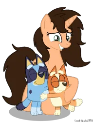 Size: 610x800 | Tagged: safe, artist:muhammad yunus, artist:small-brooke1998, derpibooru import, oc, oc:small brooke, dog, pony, unicorn, base, base used, bingo heeler, bluey, bluey heeler, crossover, horn, hug, image, png