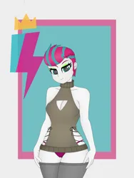 Size: 3072x4096 | Tagged: suggestive, artist:ticonderoka, derpibooru import, zipp storm, human, equestria girls, g4, g5, clothes, cutie mark background, equestria girls-ified, female, g5 to equestria girls, g5 to g4, generation leap, high res, image, makeup, open-chest sweater, png, red underwear, sleeveless, sleeveless sweater, solo, solo female, sweater, underwear