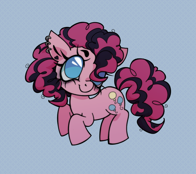 Size: 900x800 | Tagged: safe, artist:fluttershyes, derpibooru import, part of a set, pinkie pie, earth pony, pony, g4, bags under eyes, big eyes, black eyeshadow, blue eyes, chibi, curly mane, curly tail, dyed mane, dyed tail, ear piercing, earring, eyelashes, eyeshadow, female, heart earring, image, jewelry, looking up, makeup, mare, no catchlights, patterned background, piercing, pink coat, png, raised hoof, raised hooves, smiling, solo, tail, three quarter view, two toned mane, two toned tail