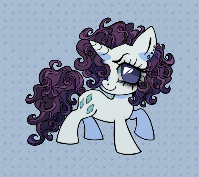 Size: 900x800 | Tagged: safe, artist:fluttershyes, derpibooru import, part of a set, rarity, pony, unicorn, g4, alternate hairstyle, alternate tailstyle, bags under eyes, big eyes, big hooves, black eyeshadow, blue eyes, chibi, curly mane, curly tail, cutie mark accessory, cutie mark earrings, ear piercing, earring, eyelashes, eyesahdow, female, hair over one eye, horn, image, jewelry, long tail, looking away, makeup, mare, no pupils, patterned background, piercing, png, purple mane, purple tail, raised hoof, slightly desaturated, smiling, solo, standing on three hooves, tail, thick horn, three quarter viw, three toned mane, three toned tail, turned head, unicorn horn, white coat