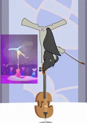 Size: 2480x3508 | Tagged: safe, derpibooru import, octavia melody, g4, bow (instrument), cello, cello bow, facing away, funny, grand galloping gala, image, meme, musical instrument, png, pose, reference used, solo, upside down, window