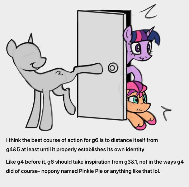 Size: 1012x1000 | Tagged: safe, artist:partyponypower, derpibooru import, part of a set, sunny starscout, twilight sparkle, oc, earth pony, pony, unicorn, g4, g5, bald, bangs, bucking, colored hooves, colored sketch, door, drama, emanata, eyelashes, female, frown, g5 drama, green eyes, hooves, horn, image, jpeg, mare, no eyes, no mane, no tail, opinion, orange coat, pink hooves, purple coat, raised leg, simple background, sketch, smiling, text, three toned mane, trio, two toned mane, unicorn horn, unicorn twilight, unshorn fetlocks, white background