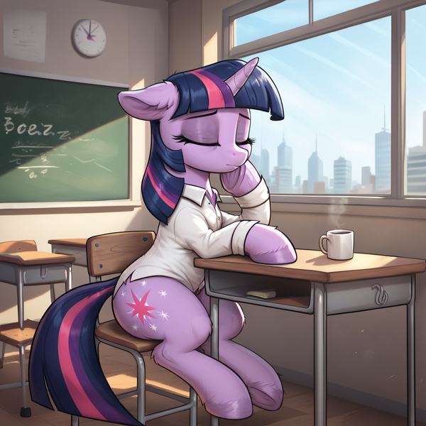 Size: 1024x1024 | Tagged: safe, ai content, derpibooru import, machine learning generated, prompter:thelight3d, stable diffusion, twilight sparkle, unicorn, g4, clothes, coffee cup, cup, generator:pony diffusion v6 xl, horn, image, png, schoolgirl, unicorn twilight