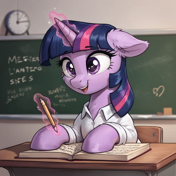 Size: 1024x1024 | Tagged: safe, ai content, derpibooru import, machine learning generated, prompter:thelight3d, stable diffusion, twilight sparkle, unicorn, g4, book, clothes, generator:pony diffusion v6 xl, horn, image, jpeg, magic, schoolgirl, unicorn twilight