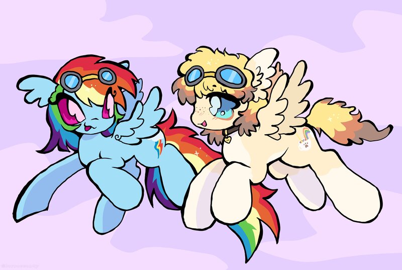 Size: 4096x2749 | Tagged: safe, artist:larvaecandy, derpibooru import, rainbow dash, oc, oc:oat latte, pegasus, pony, g4, :3, beanbrows, big hooves, blue coat, blue eyes, blue sclera, coat markings, collar, colored belly, colored eartips, colored sclera, commission, cream belly, cream coat, dog collar, duo, ear fluff, eye clipping through hair, eyebrows, eyebrows visible through hair, eyelashes, floppy ears, fluffy mane, fluffy tail, flying, freckles, goggles, goggles on head, heart collar, image, jpeg, leg markings, long tail, looking at each other, looking at someone, multicolored hair, multicolored mane, no pupils, open mouth, open smile, outdoors, pale belly, pegasus oc, pink eyes, pink sclera, rainbow hair, rainbow tail, sky background, smiling, smiling at each other, socks (coat marking), sparkly mane, sparkly tail, spread wings, tail, three quarter view, three toned mane, three toned tail, two toned background, two toned sclera, two toned tail, wall of tags, wings